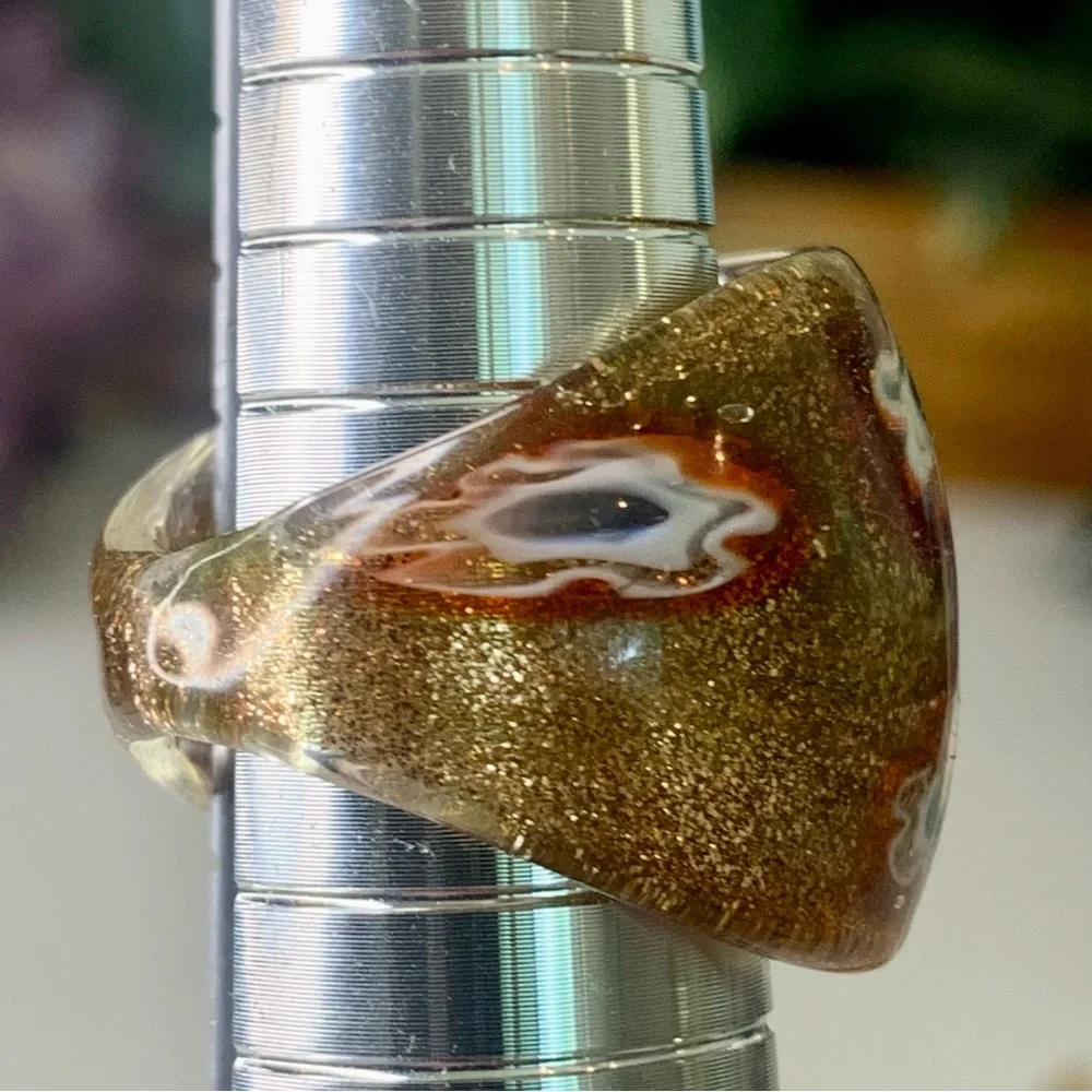 Vintage Murano Style Solid Glass Hand Blown Red Gold Millefiori Dome Ring Size 7